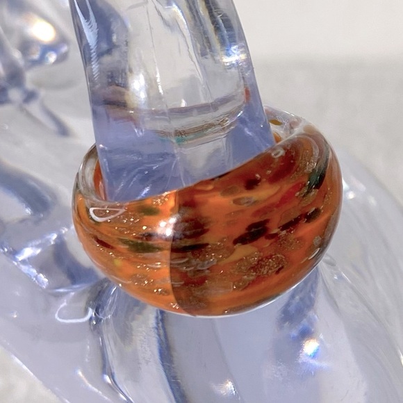 Vintage Art Glass Handmade Orange Black Gold Band Ring - Picture 6 of 14